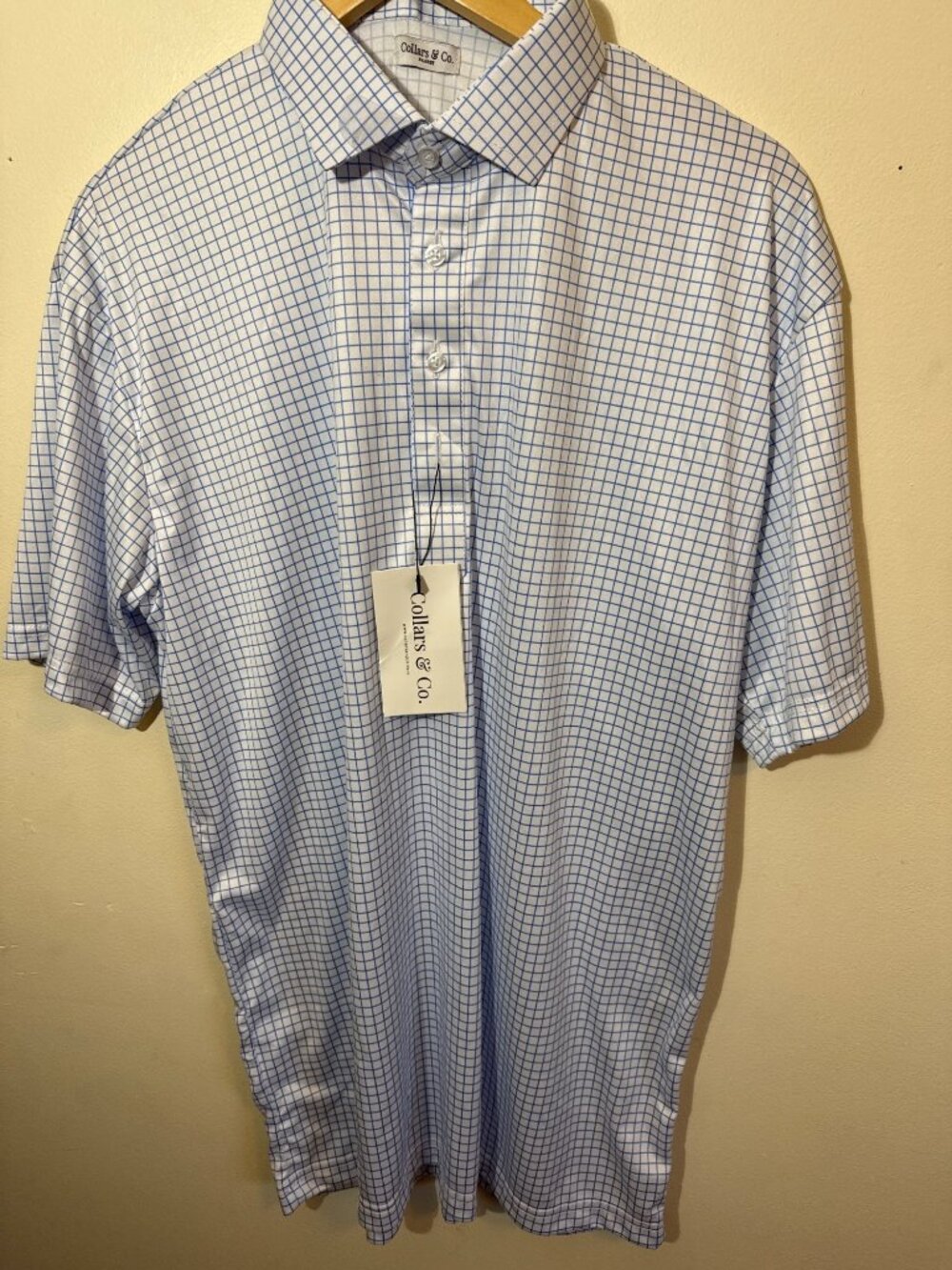 Collars & Co. XL White & Blue Check Dress Collar Polo Shirt 4-Way Stretch